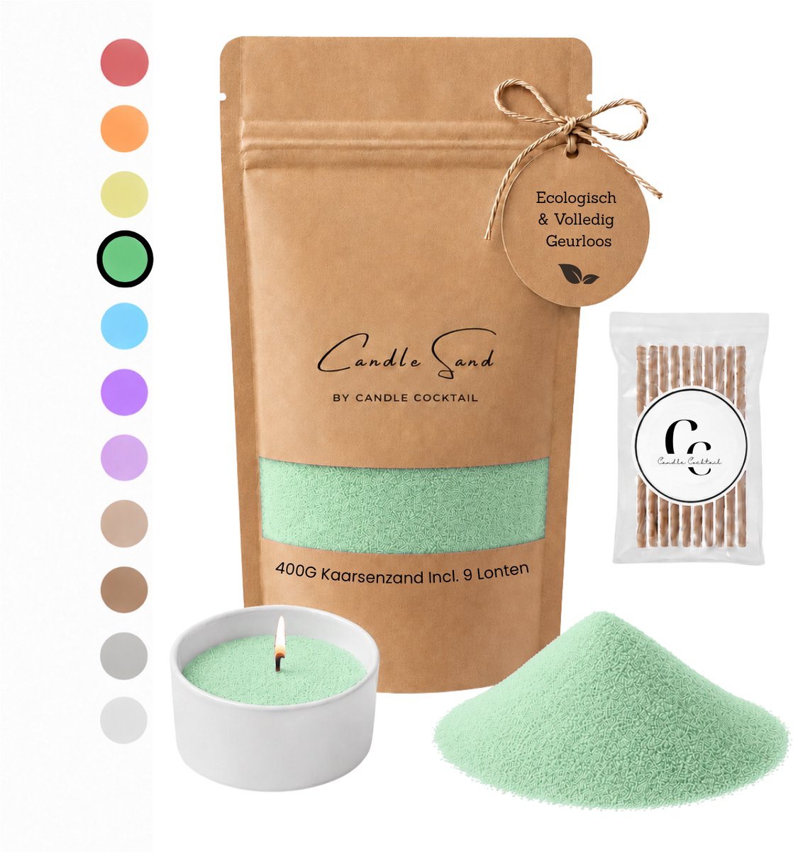 Candle Cocktail Kaarsenzand | Candle Cocktail | Minty Green | 400g Incl. 8 Lonten | Candle Sand | Kaarsparels | Zandkaarsen Groen