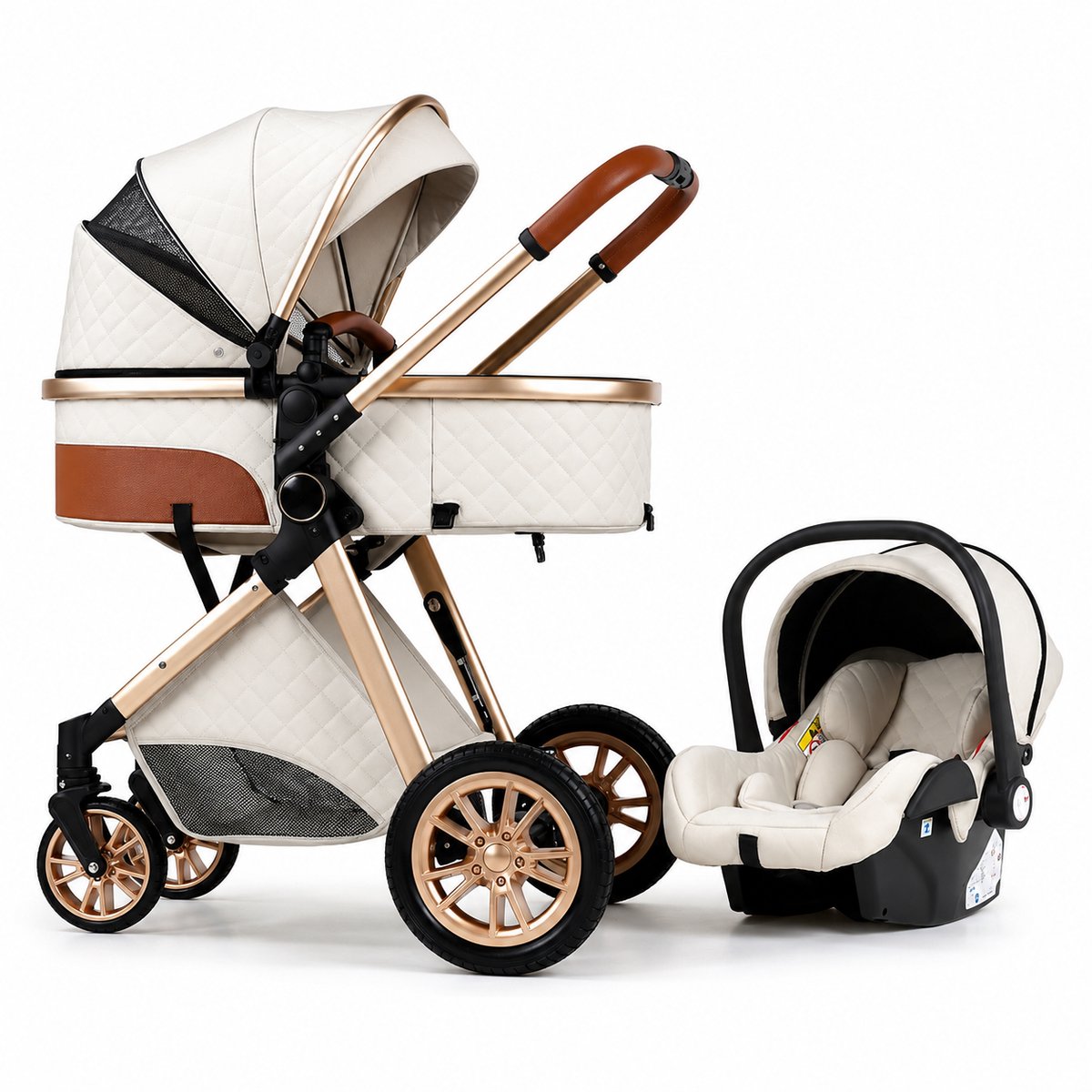 Luxe Kinderwagen 3 in 1 - Wandelwagen - Kinderwagen - Met Autostoel - Kinderwagen – Buggy 3 in 1 - Wit