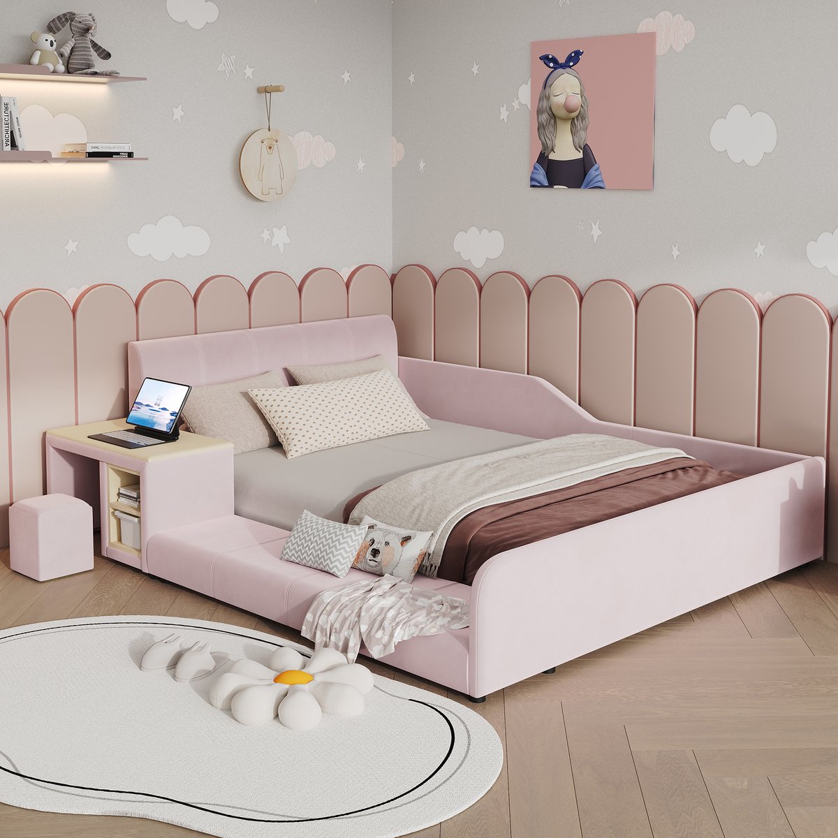 MODFU - Kinderbed - Bureau En Hocker - Opbergruimte - Pink - Stof - 212 X 175 X 69 Cm
