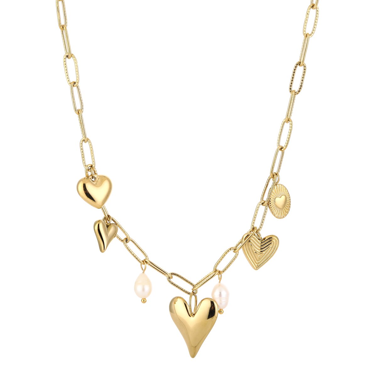 Sierlijke Roestvrijstalen Schakelketting met Hartenbedels en Parel-Details - Dames Sieraad - Goud