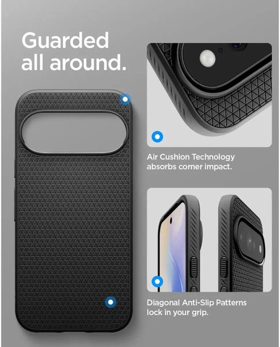 De zwarte Spigen hoes met "Air Cushion Technology" en "Diagonal Anti-Slip Patterns".