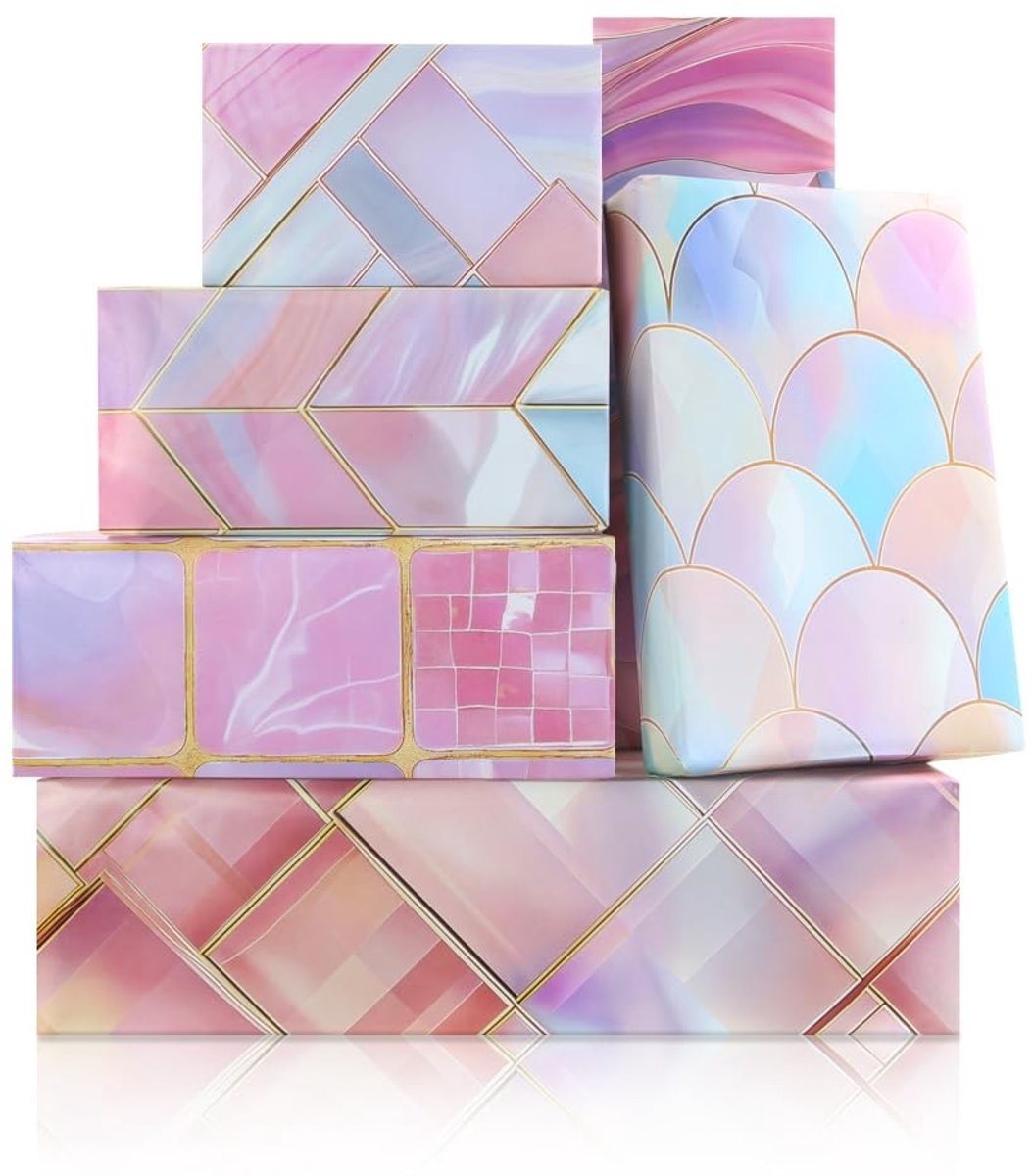 Solidchoice - 6 Vellen Marmeren Inpakpapier in Roze-Paars