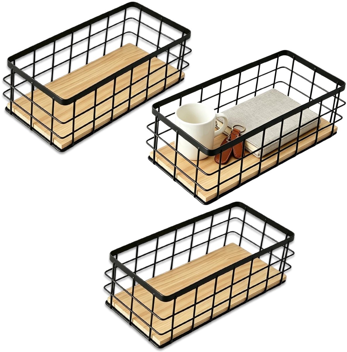 Solidchoice - Set van 3 Decoratieve Draadmanden met Houten Sokkel