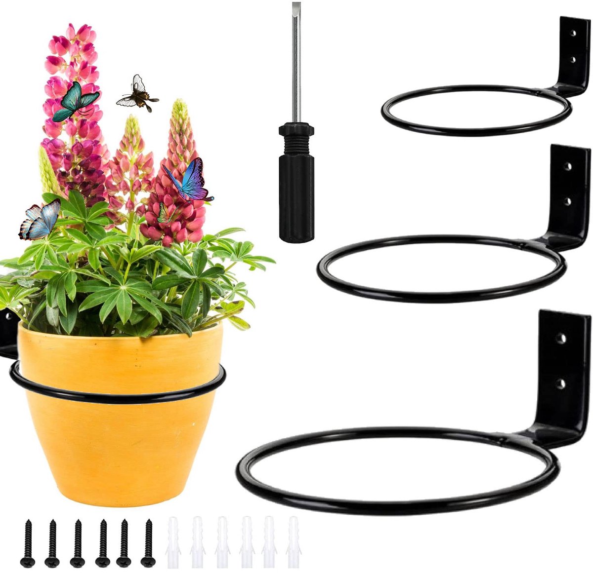 Famanu – Set van 3 wandhouders voor planten, metalen wandplantenhouders met een binnendiameter van 10 cm, 14 cm en 19 cm, perfect voor binnen en buiten