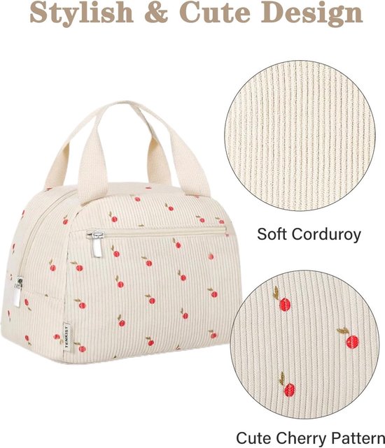 Geïsoleerde lunchtas - lichtgewicht corduroy - 8L ruime inhoud - voor werk, school en picknick - draagbare broodtrommel - voor vrouwen - wit - 1 stuk van FLITI — afbeelding 3