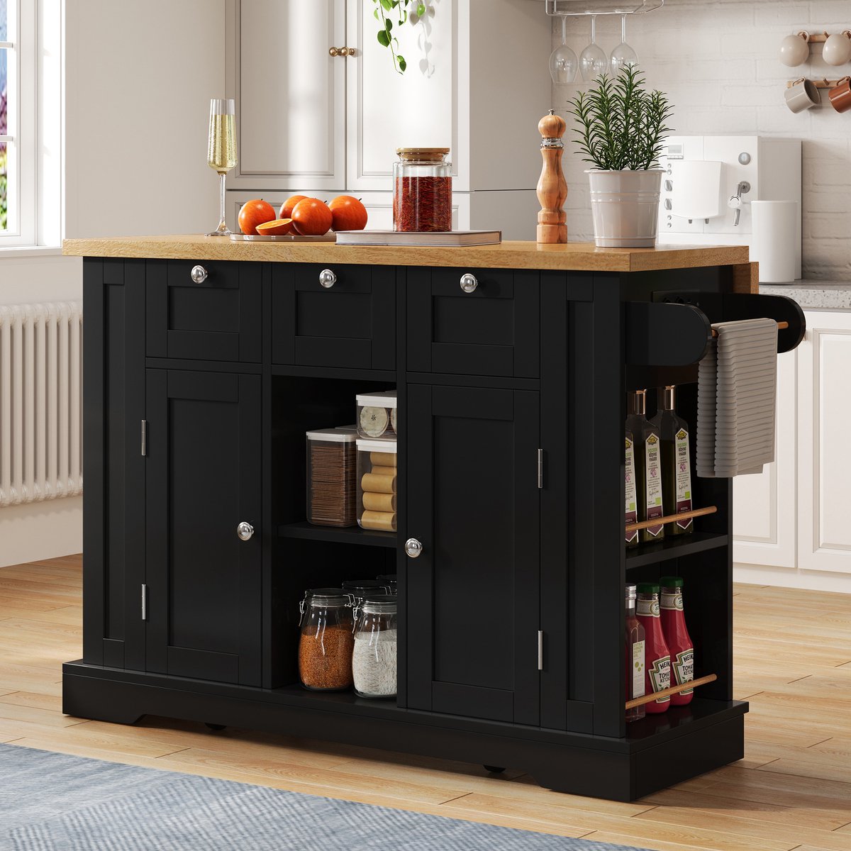 Keukentrolley - met mobiel ontwerp en inklapbaar werkblad - naturel en zwart - afmetingen 132 x 70 x 87 cm - voor een praktische keuken