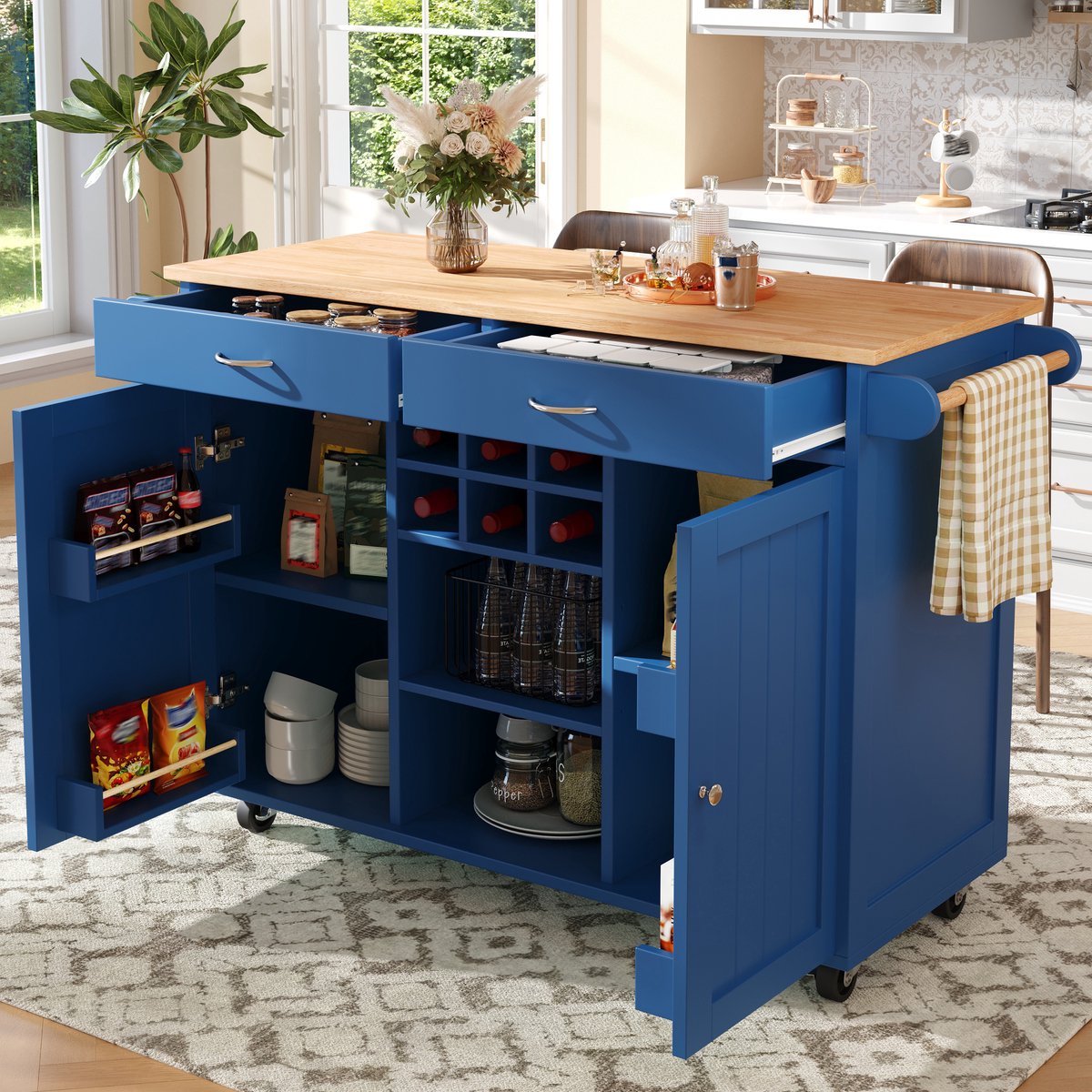 Keukentrolley - met mobiel ontwerp en opbergruimte en verstelbare legplanken - blauw - afmetingen 102 x 45 x 92 cm - voor een praktische keuken