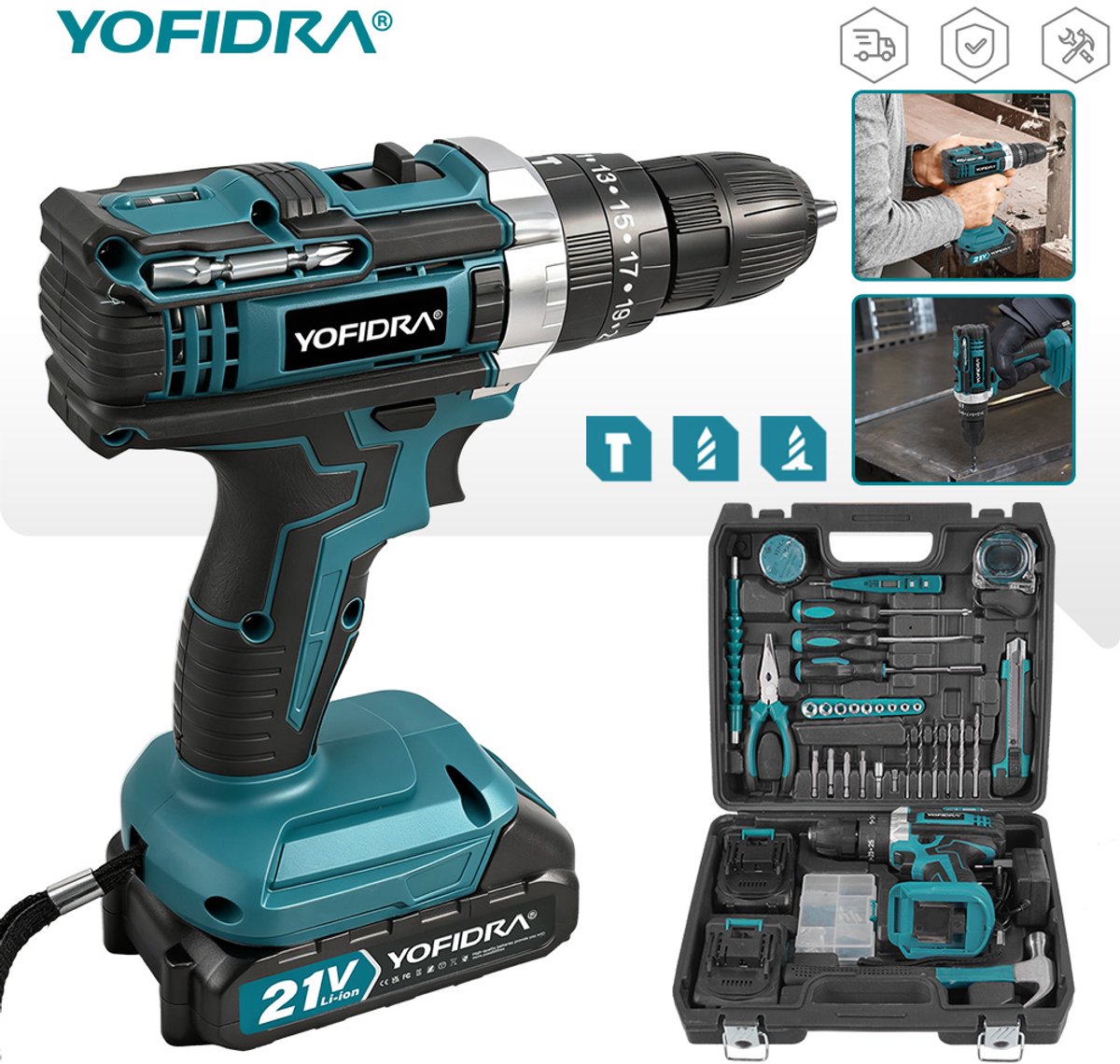 Yofidra Accu-klopboormachine (60 Nm) met 2 accu's, 2 snelheden, 25+3 koppelstanden, 10 mm boorhouder + LED. Geschikt voor alle reparaties thuis.