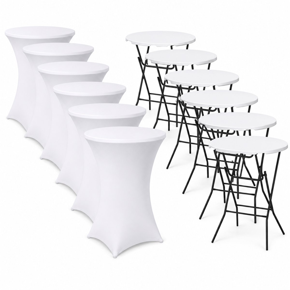 ADSafety Statafel – 6 Stuks – Inclusief Statafelhoes – Statafelrok – Inklapbaar – Stevige partytafel – Bartafel - Voor binnen en buiten – Ø80 x 110 cm - Wit