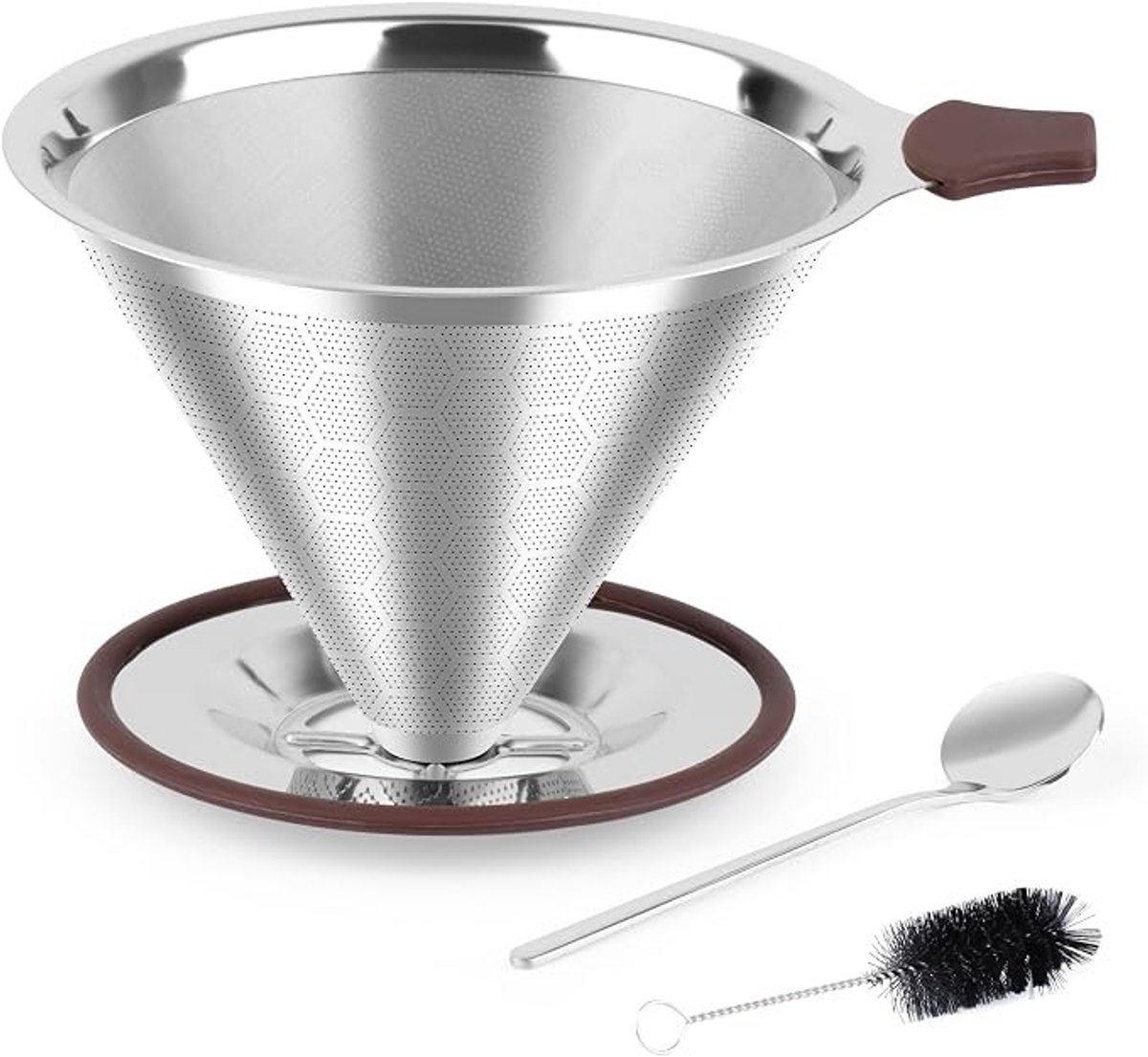 Herbruikbaar roestvrijstalen koffiefilter voor pour over met borstel en lepel