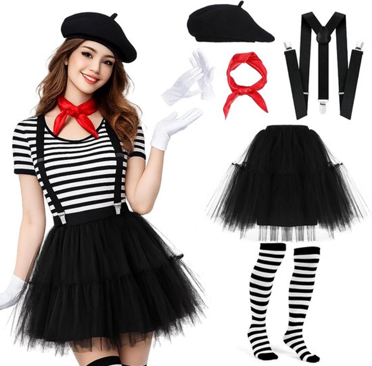 Carnaval Mime Kostuum voor Dames met Zwarte Tutu Rok, Beret, Steunkousen en Rode Sjaal voor Cosplay en Mardi Gras Feestjes