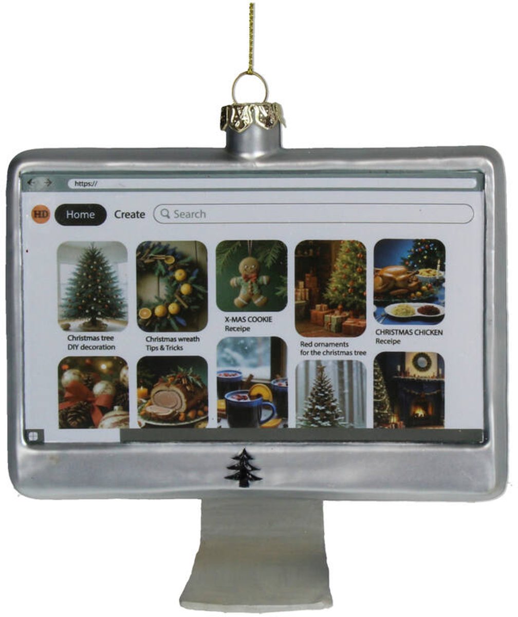 HD Collection Glazen Kerstornament Computerscherm – Zilver – 12,2 cm – Kerstboom Hanger – Moderne Kerstdecoratie