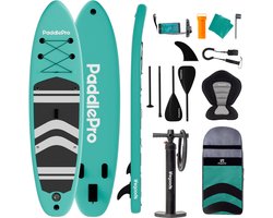 LifeGoods PaddlePro SUP Board - met Zitje - Opblaasbaar Paddle Board - Complete Set - Max. 150KG - 320x81cm - Mintgroen/Zwart