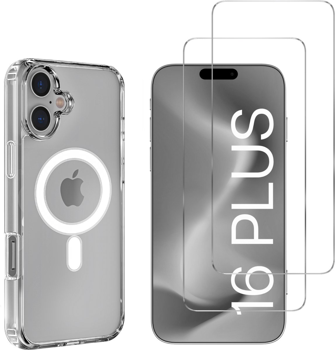 iPhone 16 Plus Hoesje backcover Shockproof siliconen Transparant met geïntegreerde magnetische cirkel en 2 stuks Screenprotector Gehard Glas