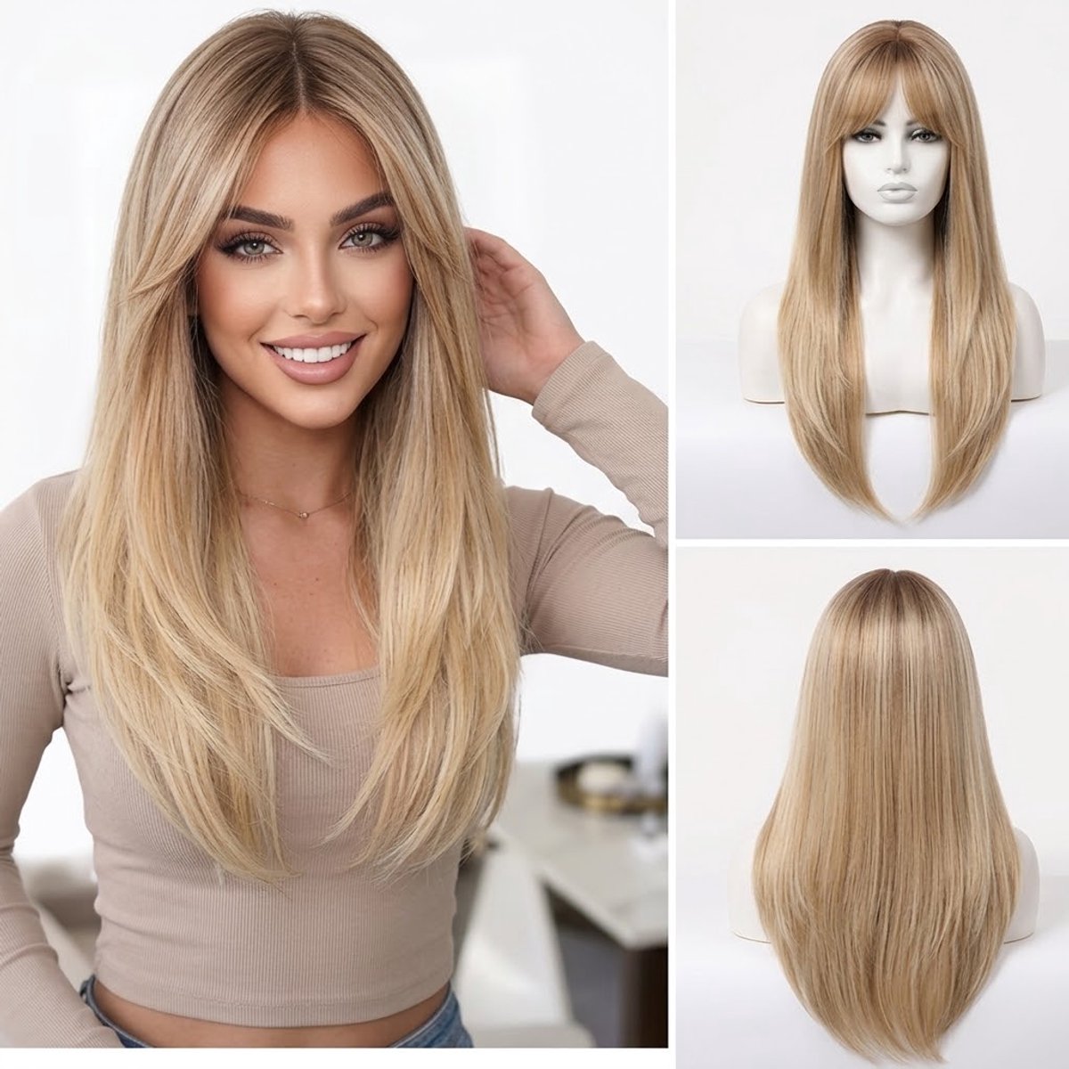 Nifkos Luxe Blonde Pruik met Donkere Aanzet – Lang Steil Haar met Laagjes & Curtain Bangs – Honingblond / Asblond Balayage – Hittebestendige Synthetische Vezel – Ademende & Verstelbare Cap – Dames Wig