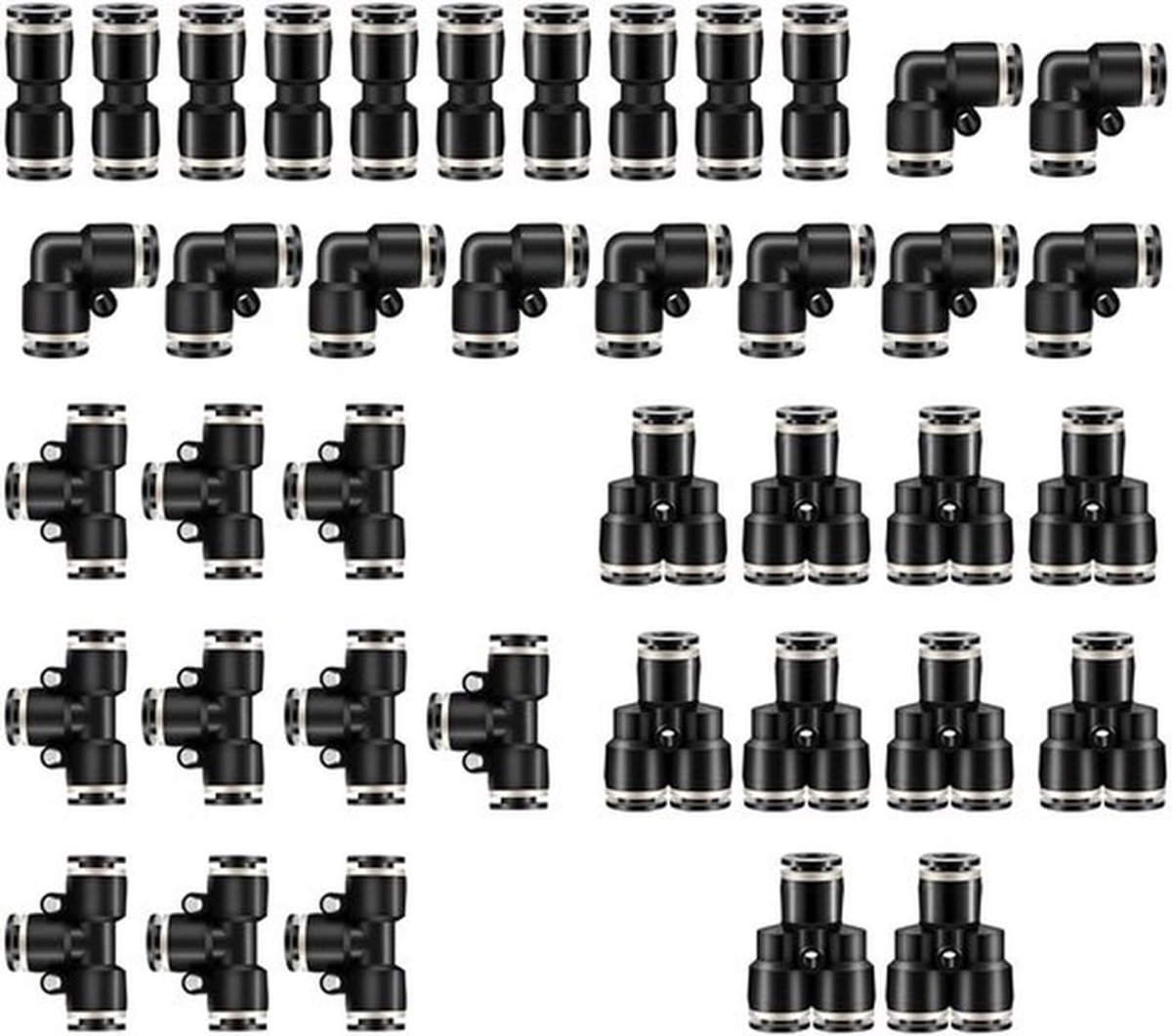 Pneumatische Fittingen 40 Stuks - Push to Connect - T-vorm/Elleboog/Y-tak/Recht - Sterk Kunststof - Eenvoudige Installatie - Goede Afdichting - Luchtfittingen