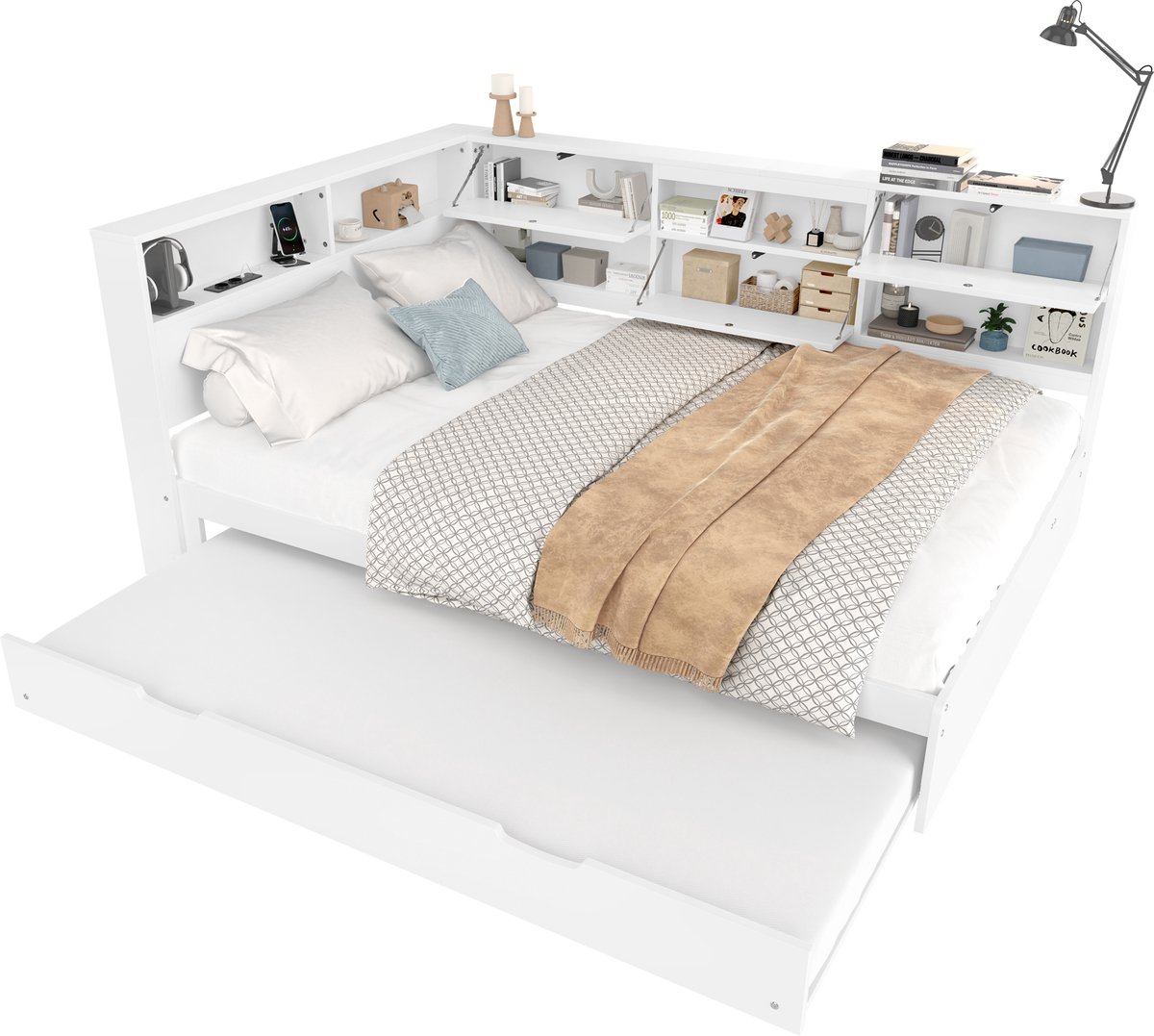 Dagbed 140x200 cm - Met Opbergruimte - Uittrekbaar - Met USB-Oplaadpunt - Wit