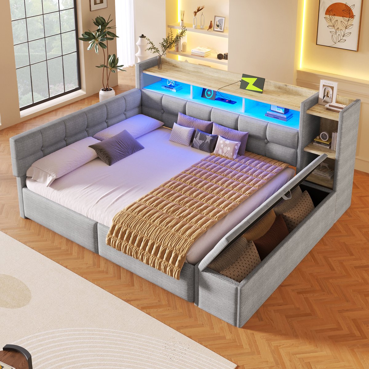 Slaapbank 140x190 cm - Fluweel - Met LED Verlichting, 2 Laden, USB & Type-C, Opbergruimte en Opbergbank - Grijs