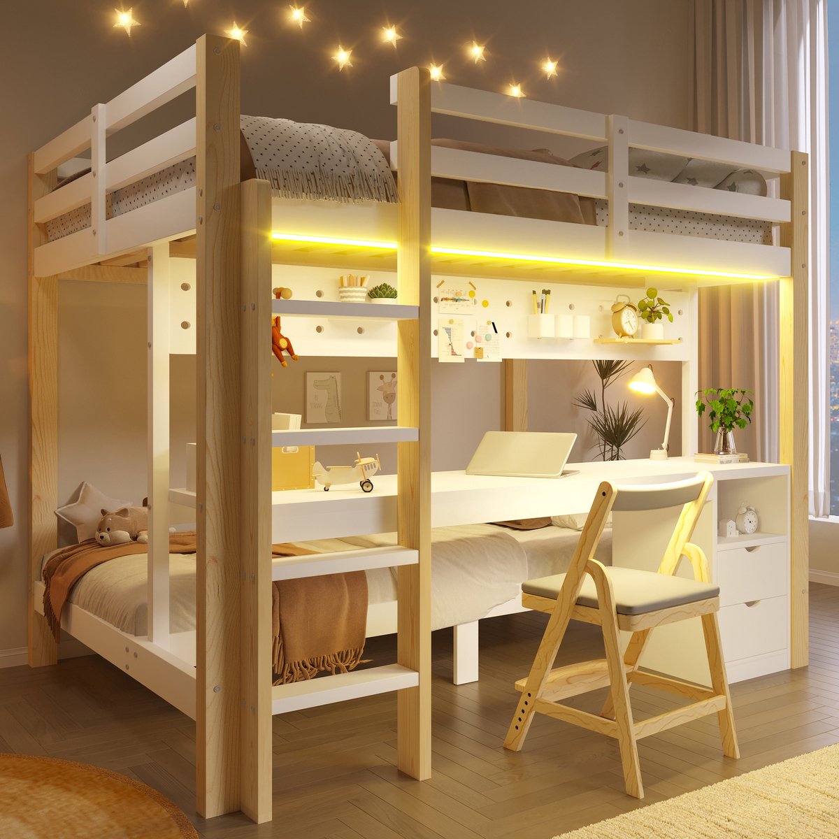 Hoogslaper 90x200 cm - Met LED-Verlichting - Met Opbergruimte - Met Lades - Natuurlijk + Wit