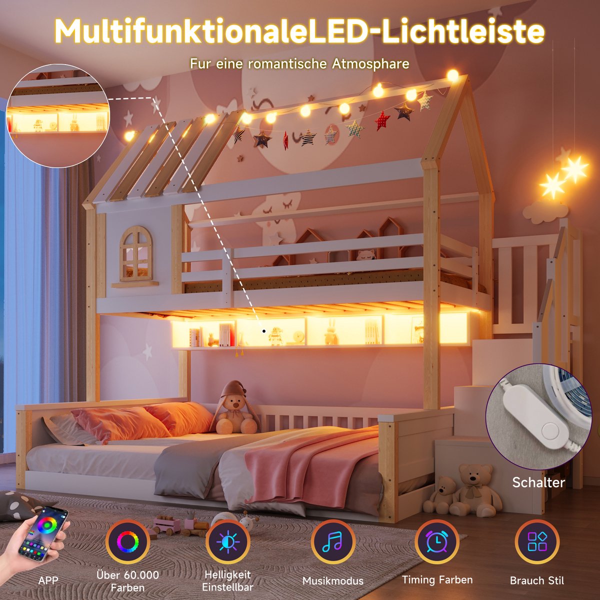 Stapelbed 90x200 cm - Met LED-Verlichting - Met Opbergruimte - Met Ladder - Wit + Natuurlijk
