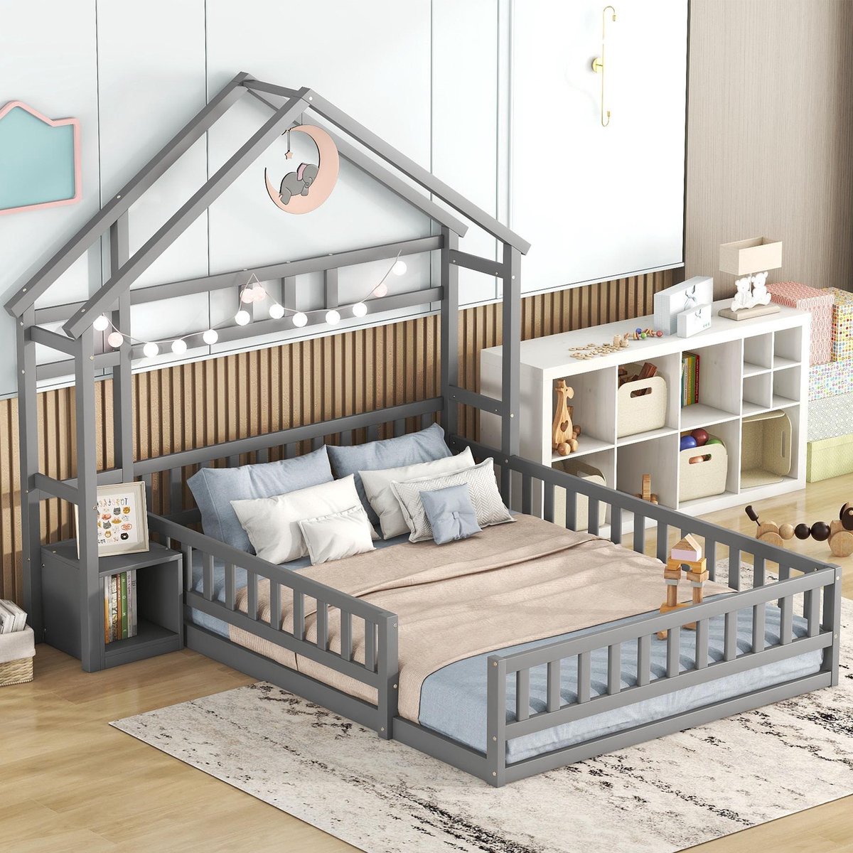 Bed 140x200 cm - Met USB-Oplaadpunt - Huisvorm - Met Glijbaan - Grijs