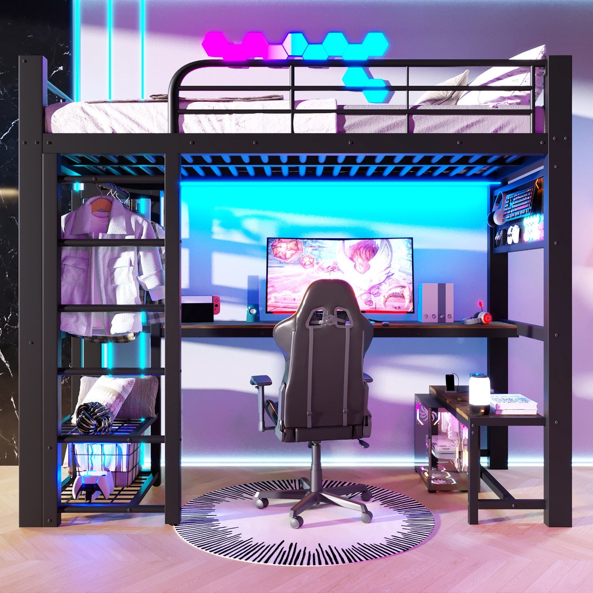 Hoogslaper 90x200 cm - Met LED-Verlichting - Met Opbergruimte - Met Ladder - Zwart