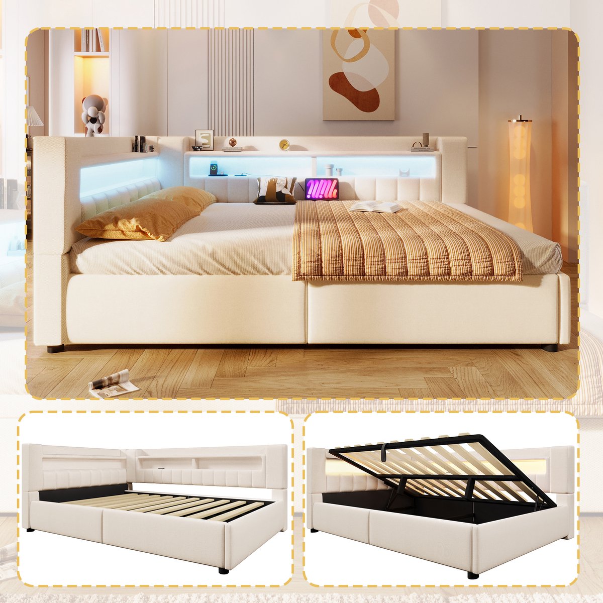 Dagbed 140x200 cm - Gestoffeerd Bed Met LED Verlichting, USB-C, Hydraulische Opbergruimte - Beige