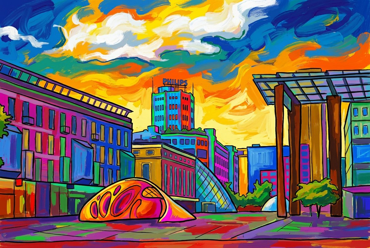 Atelier Iconique Skyline Eindhoven Fauvist Color Painting Skylines - Print op Canvas 90x60 cm - Atelier Iconique gedurfde, levendige en contrastrijke fauvistische kleuren
