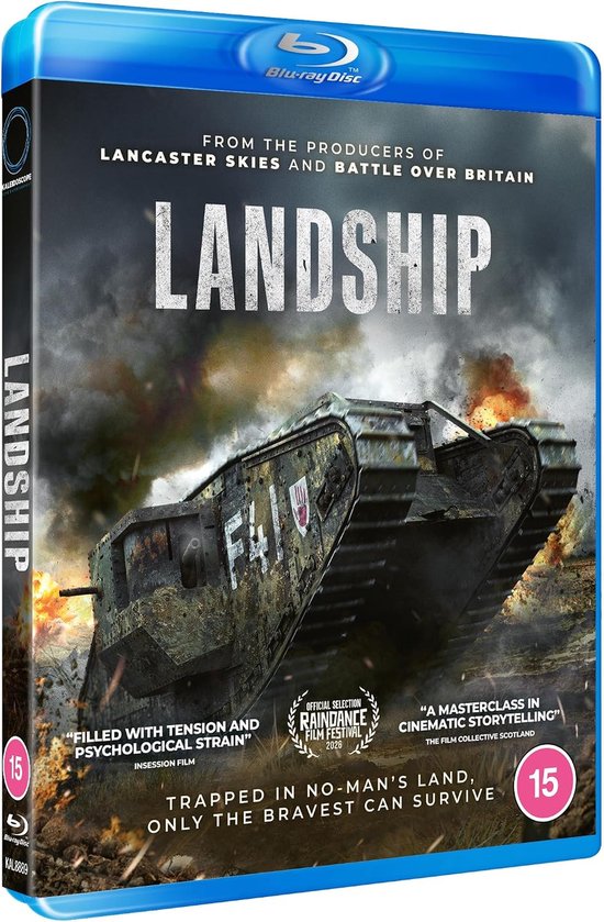 Blu-ray hoes van "Landship" met een verweerde tank op een slagveld, met rook en explosies.