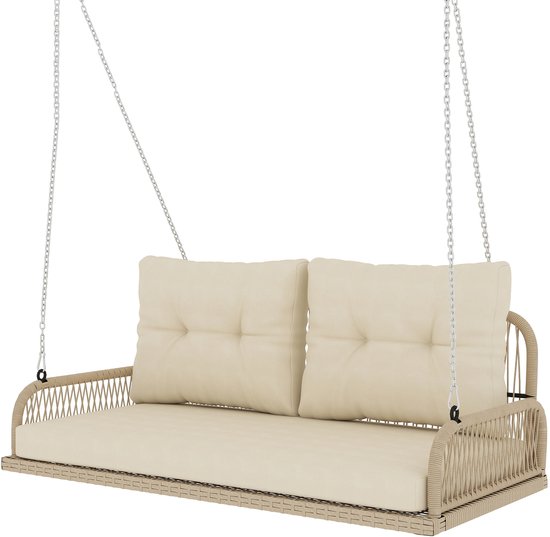 Tweezits schommelbank van rotan met beige kussens en kettingen, 115x66x44 cm.