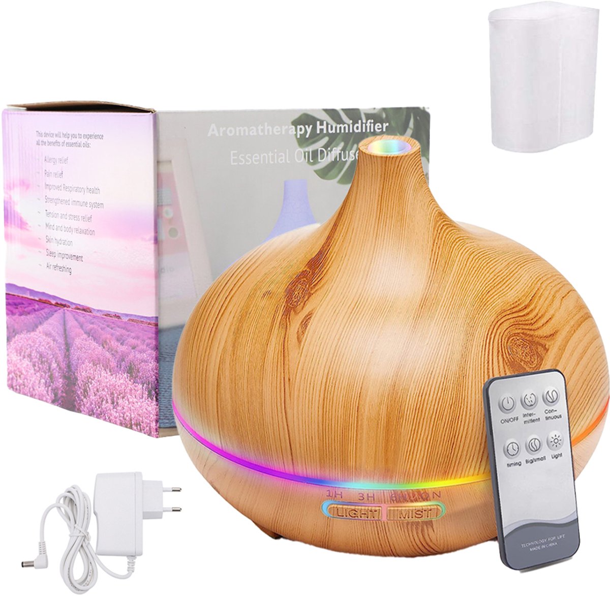 Aroma Diffuser - Ultrasone Luchtbevochtiger 500 ml - 7 LED-Kleuren - 2 Nevelstanden - Timer 1/3/6 Uur - Afstandsbediening en Automatische Uitschakeling - Voor Slaapkamer, Woonkamer en Kantoor