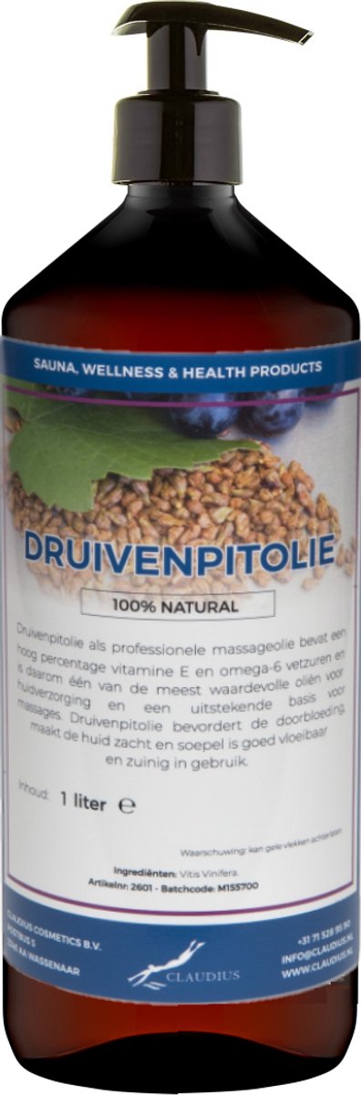 Druivenpitolie 1 liter met gratis pomp - 100% natuurlijk - biologisch en koud geperst - grapeseed oil