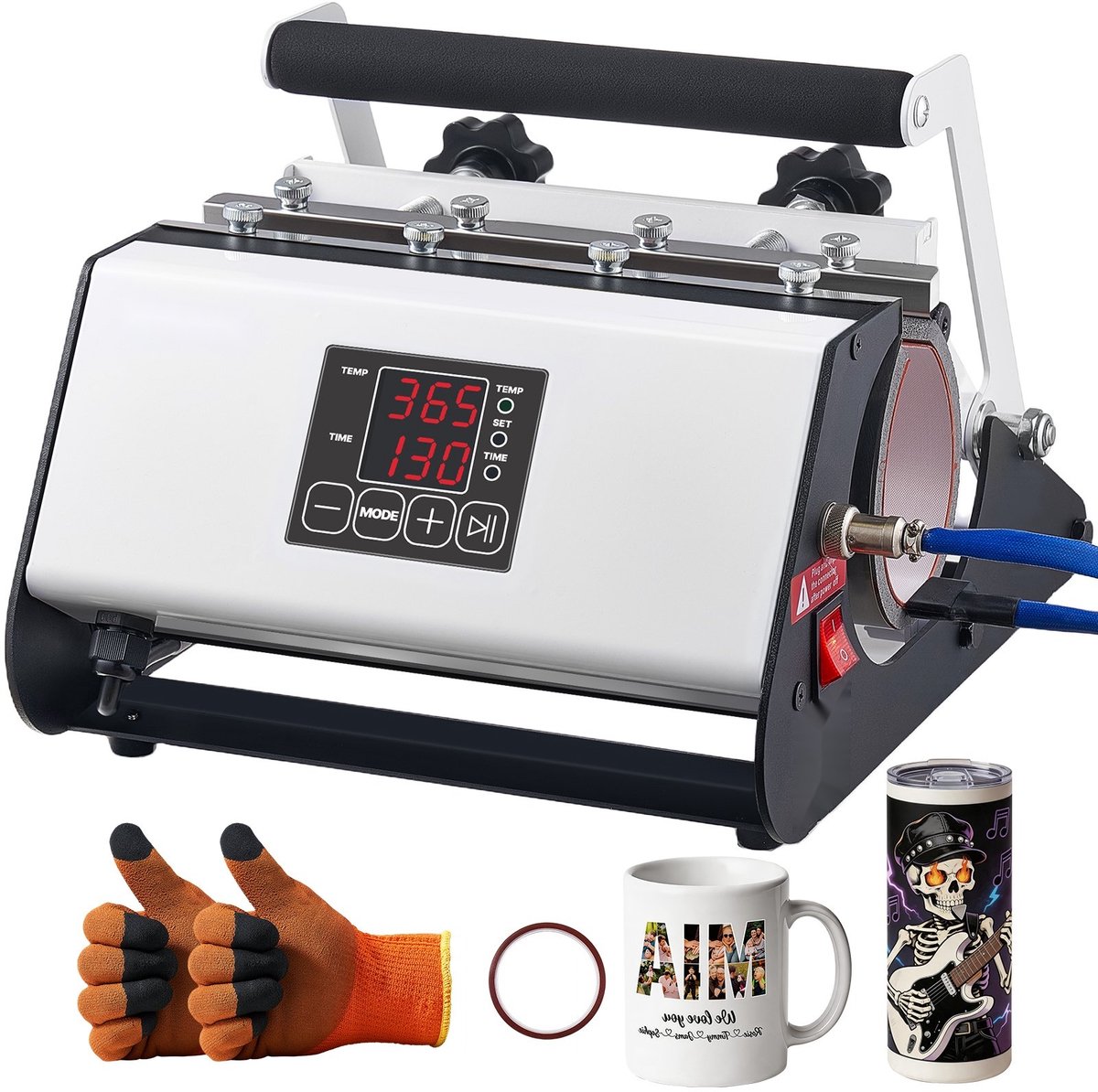 Mokkenpers - Bekerbedrukkingsmachine - Sublimatiepers voor mokken en bekers - Capaciteit 887 ml - Instelbare temperatuur en tijd - Inclusief plakband en handschoenen - Wit