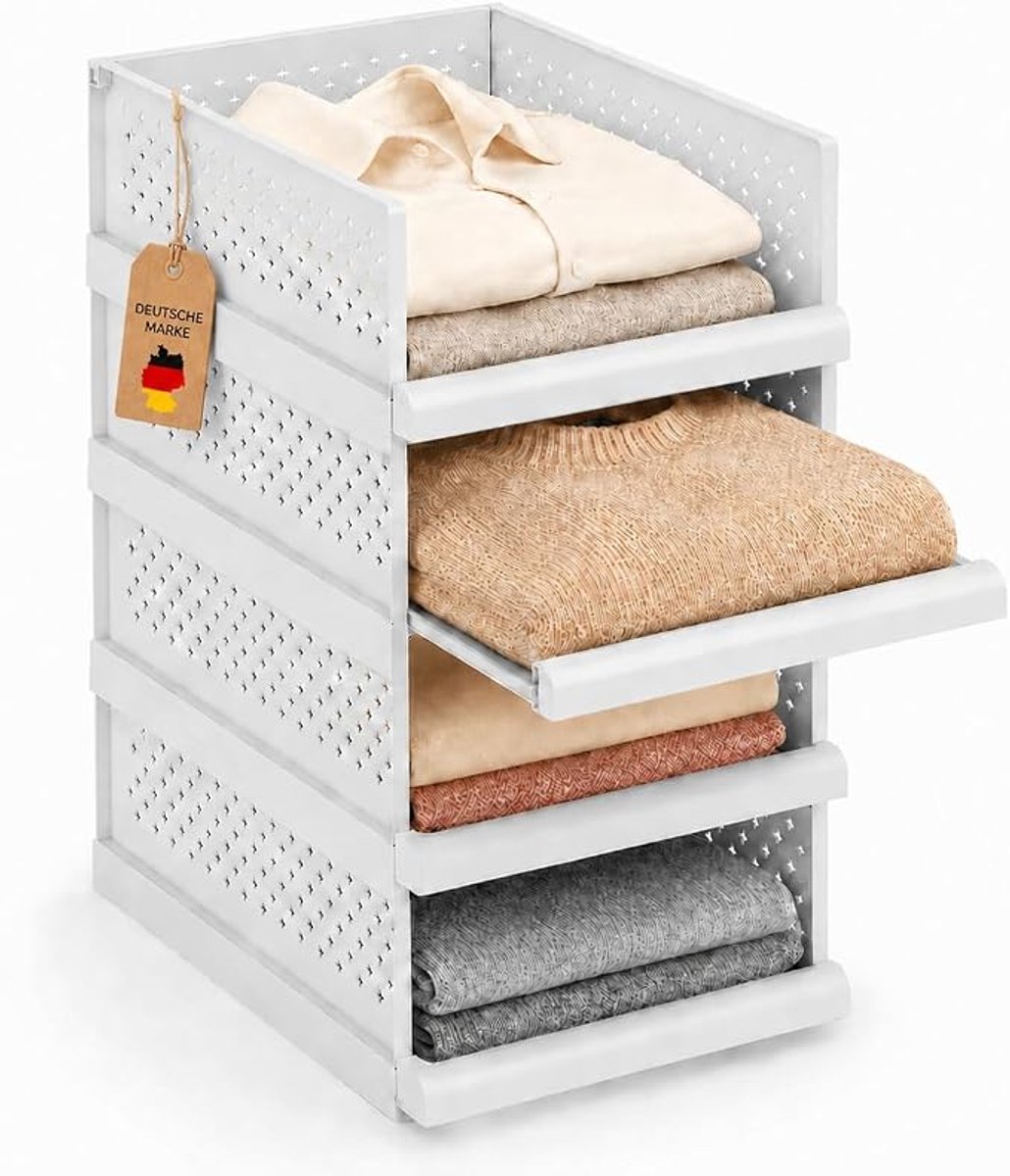 Set van 4 Uitschuifbare Opbergdozen voor Kast, Stapelbare Lade Organizers voor Kleding, Keuken, Badkamer en Slaapkamer