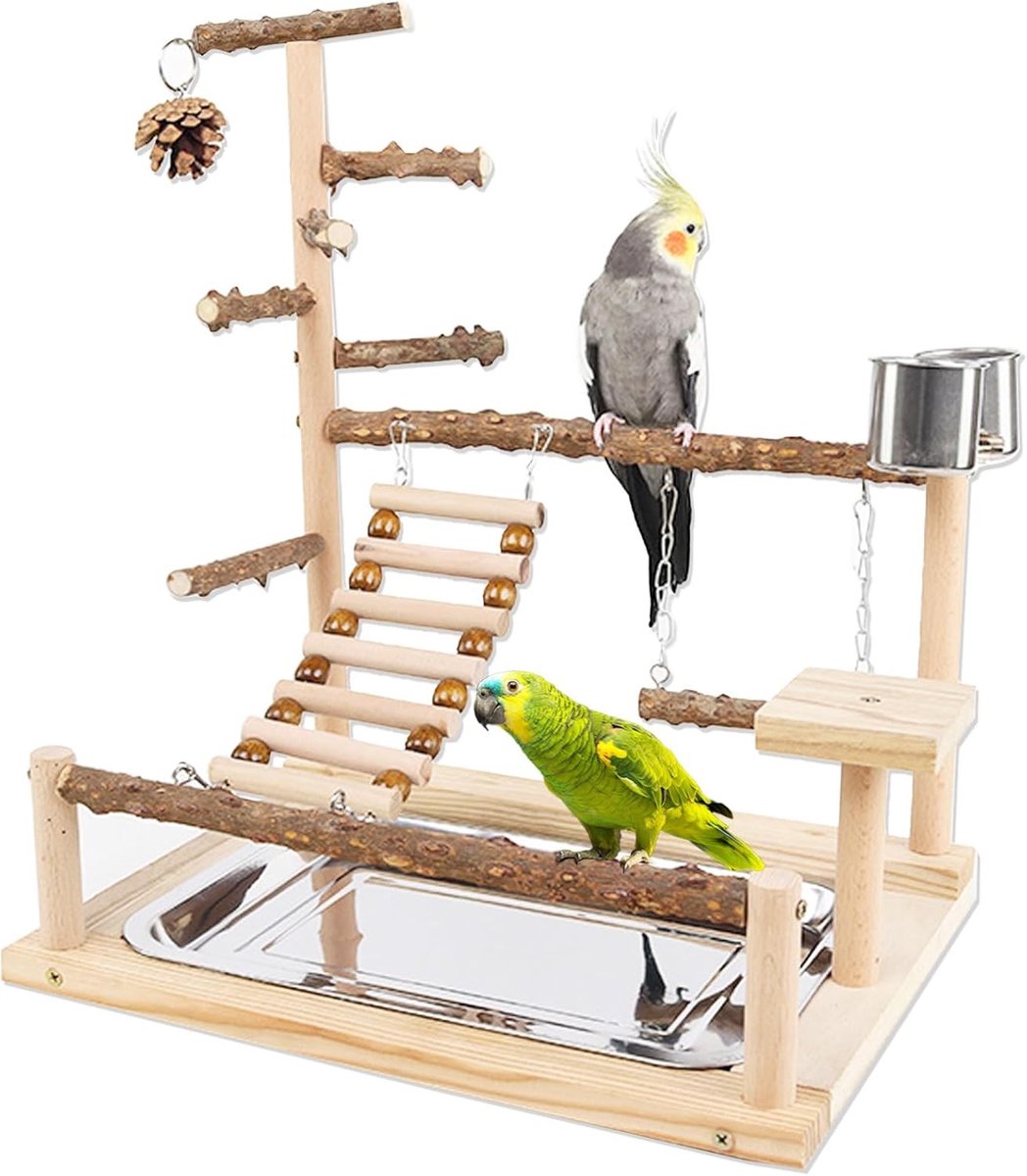Houten Speelstand voor Vogels - Speelplaats met Klimladder, Schommel, Voerbak en Oefenstand voor Kleine tot Middelgrote Vogels