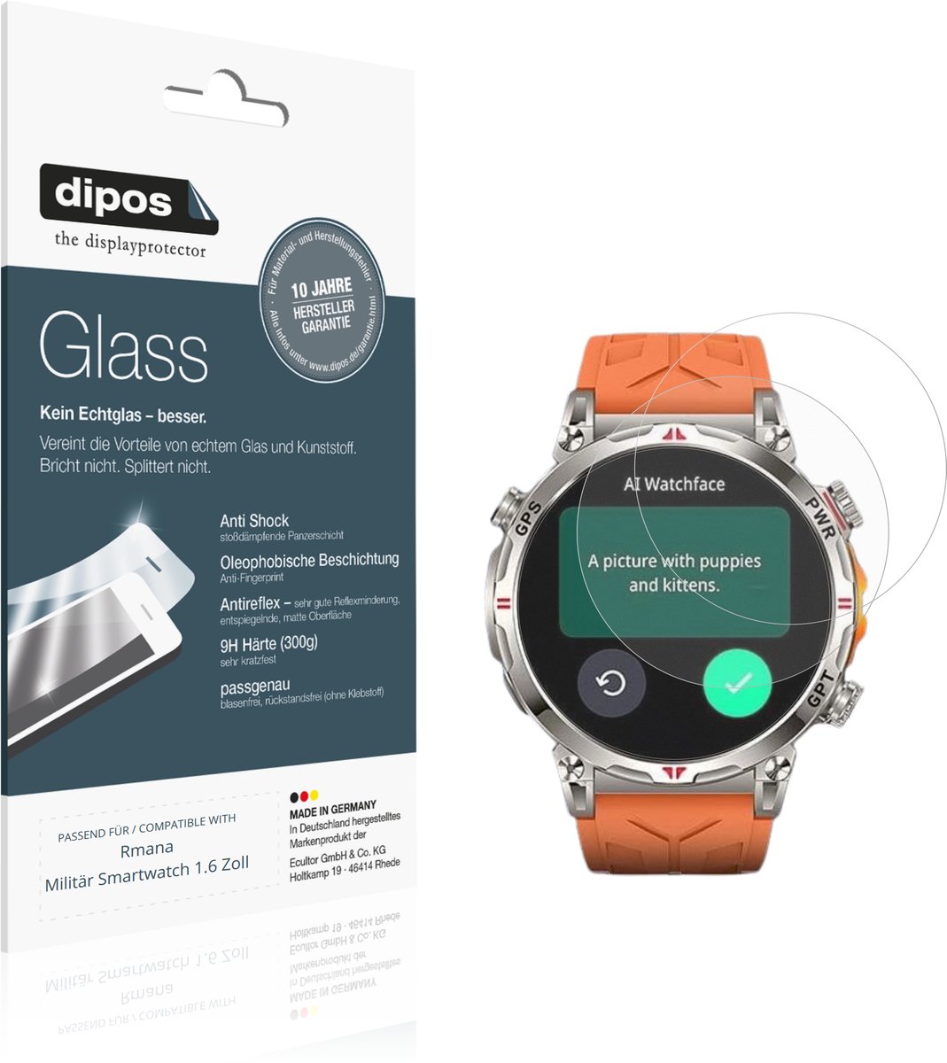 dipos – 2x Matte Pantserfolie geschikt voor Rmana Militär Smartwatch 1.6 Zoll | 9H Screenprotector
