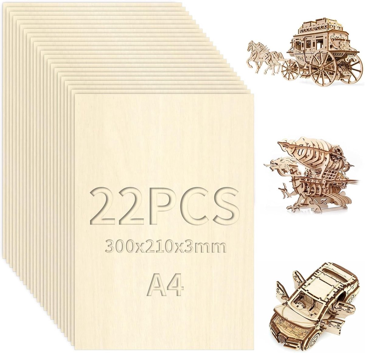 Set van 22 Houten Plaatjes van 3 mm voor Creatieve Projecten, A4 Formaat, Ideaal voor Laserbewerking en Houtbewerking