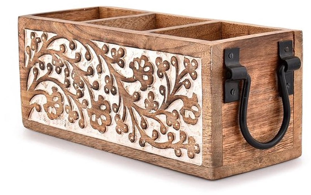 Bestekbak 3 Compartimenten - Houten Keukengerei Houder - Multifunctionele Organizer - Duurzaam Mangohout - Ruim en Stevig - Decoratieve Caddy