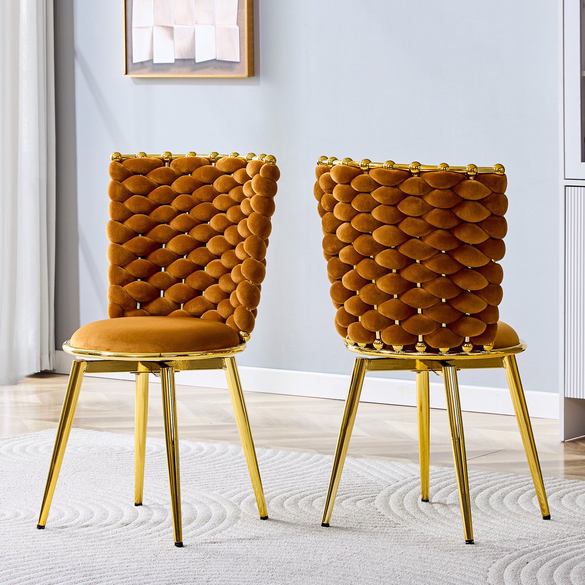 Clruro Eetkamerstoel Set van 2 - Gevlochten Rug - Gepolsterd - Fluweel/Metaal - Oranje/Goud