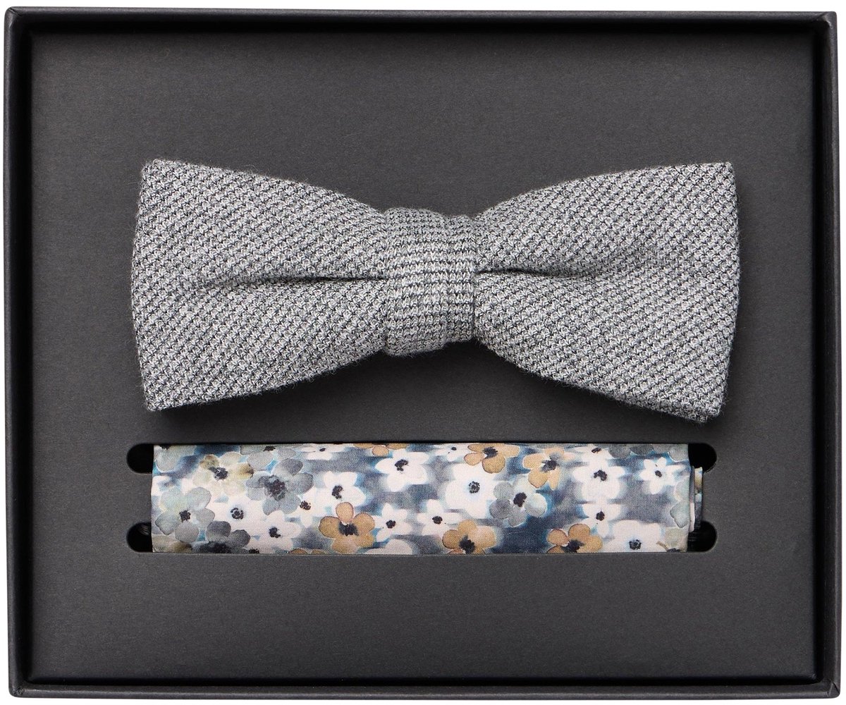 VENTI set met vlinderdas en pochet - blauw met wit en beige dessin
