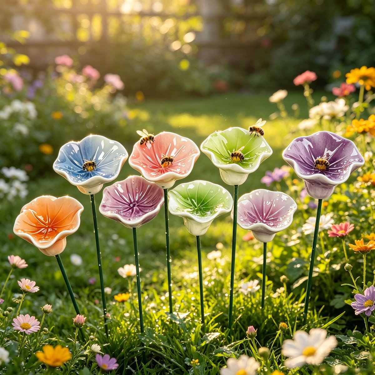8-delige bloemvormige waterbakjes voor bijen en vlinders - 32 × 4 cm (inclusief steel) - Stijlvol en veelzijdig - Onderhoudsvrij - Kan ook als decoratie worden gebruikt - Geschikt voor tuinen, potplanten en bloembakken - Verkrijgbaar in 8 kleuren