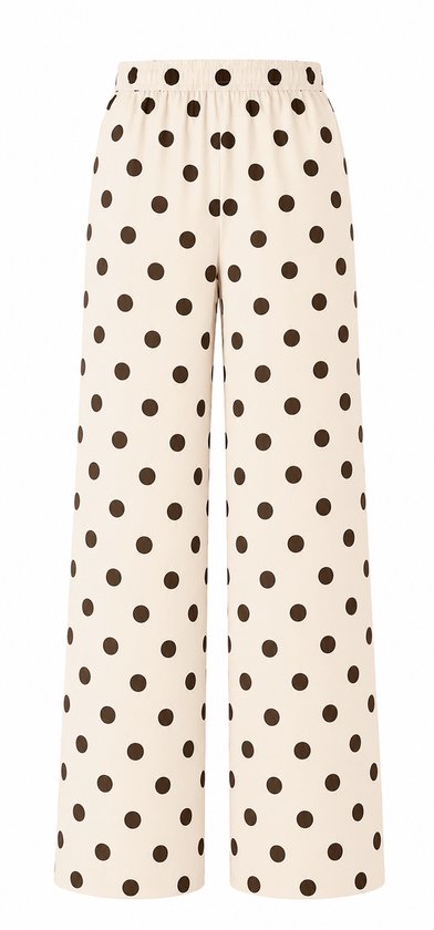 Beige broek met bruine polkadots en elastische tailleband.