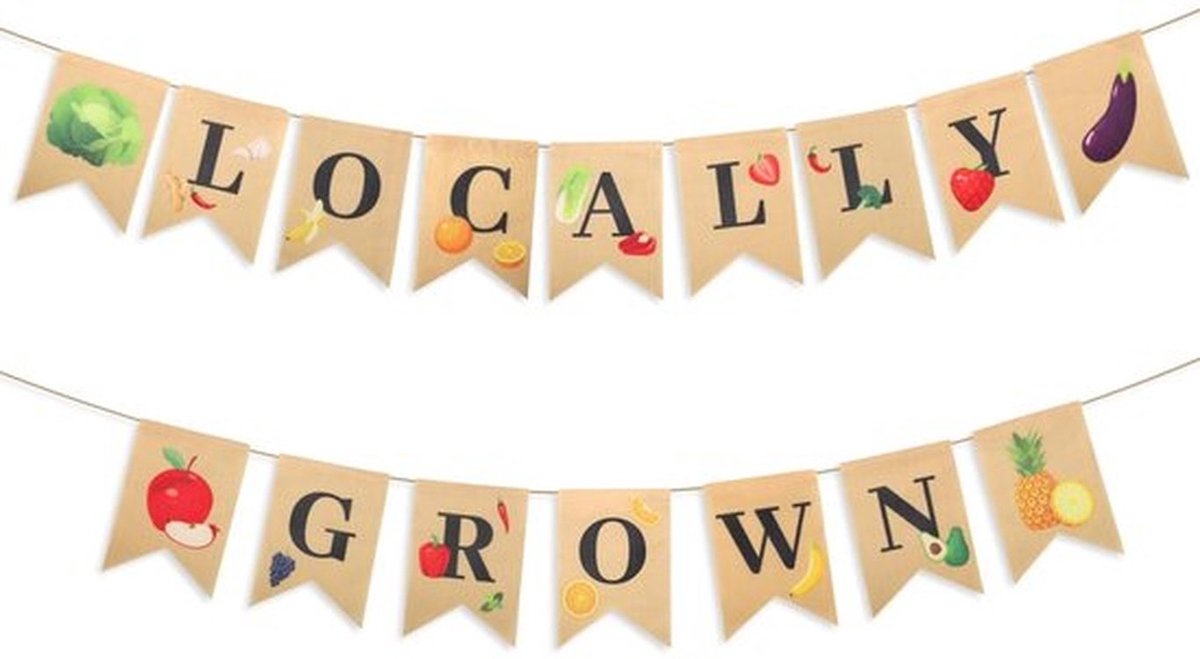Feestbanner 2 Stuks - Imitatielinnen - Groente/Fruit - Boerenmarkt Decoratie - Duurzaam - Afmetingen 18x13 cm, Touwlengte 3 m - Feestdecoratie
