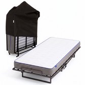 Opklapbed met matras in grijs en wit met blauwe bies. Het bed is uitgeklapt en één is opgeborgen onder een zwarte hoes.