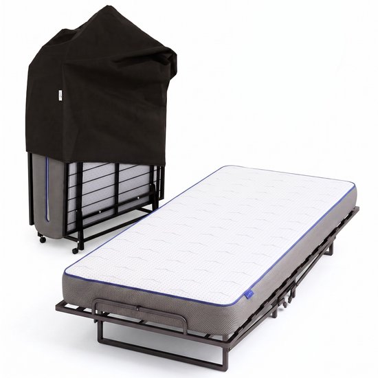 Opklapbed met matras in grijs en wit met blauwe bies. Het bed is uitgeklapt en één is opgeborgen onder een zwarte hoes.