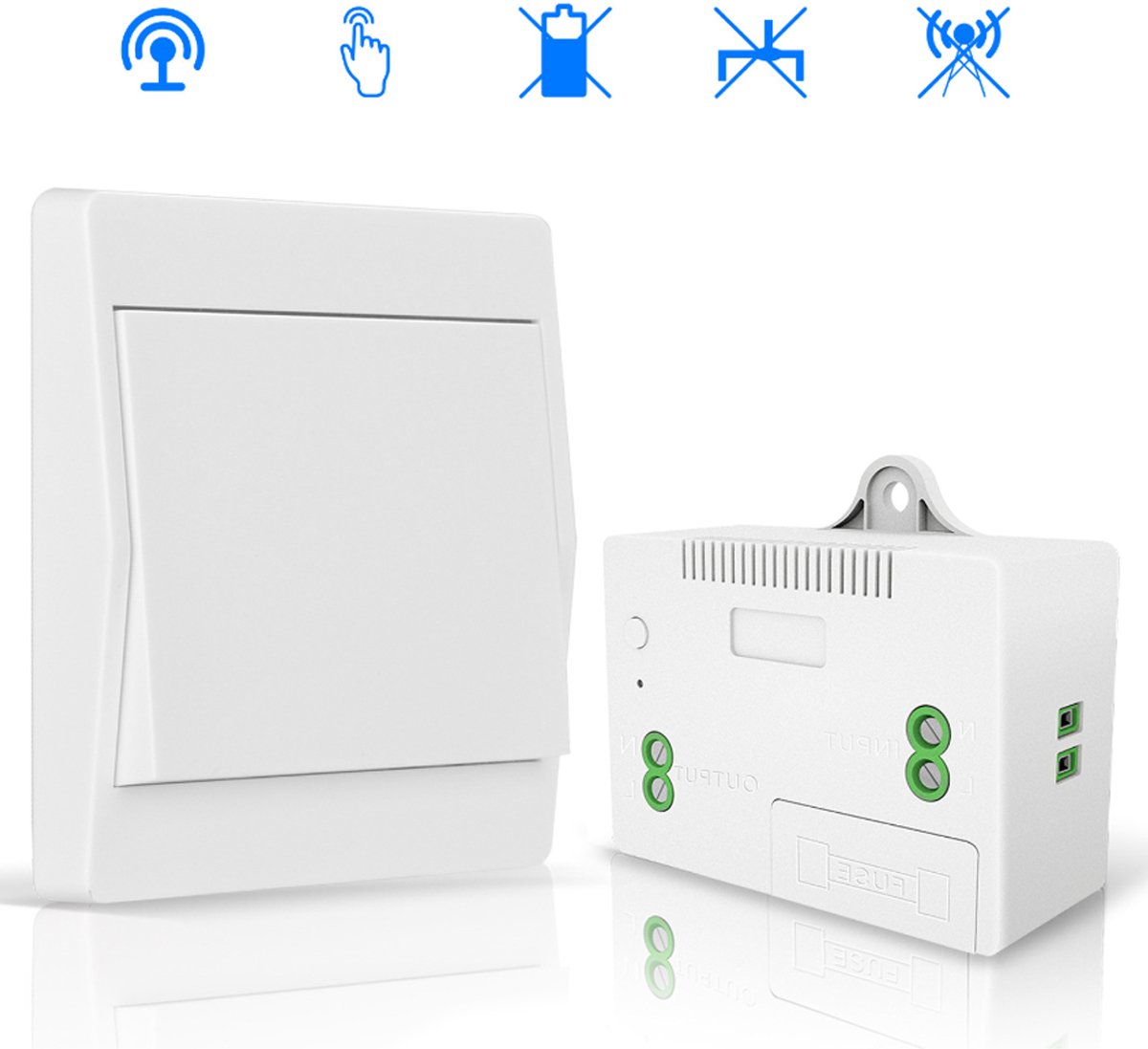 RF433 Draadloze Schakelaar - Waterdicht Groot Paneel - Geïntegreerde Wandschakelaar - Wandschakelaarzender - Zelfvoorzienend voor Thuisgebruik - Batterijvrij - 1 Schakelaar, 1 Bediening - Set