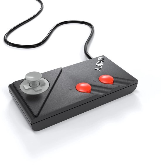 Zwarte Atari CX78+ gamepad met grijze joystick en 2 rode knoppen.