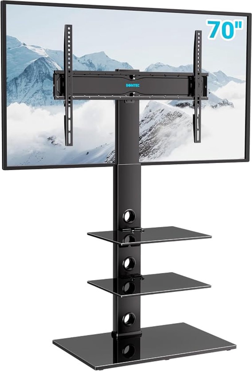 Thuys - TV Vloerstandaard met Wieltje? – Draaibare & Verstelbare TV Beugel – 30–70 inch – Max. 40 kg – VESA 75×75 t/m 600×400 – Met 3 Glazen Planken – Zwart