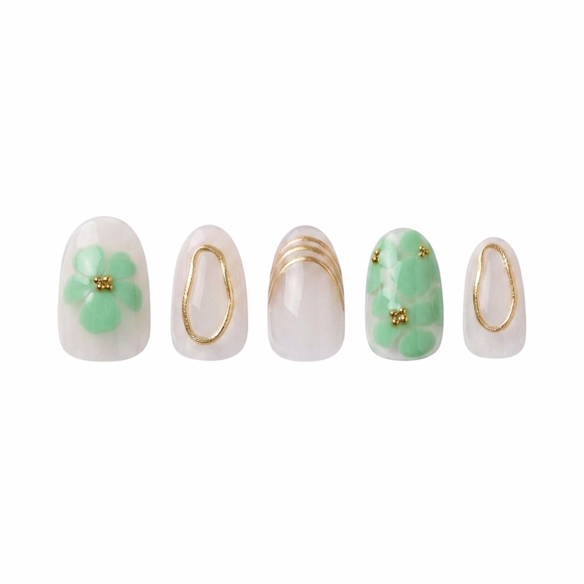 Boozyshop ® Press On Nails Gold Mint - Kunstnagels / Plaknagels - Mintgroen & Goud met Bloomen - Inclusief Nagellijm - 24 Stuks