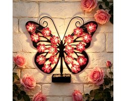 Decoratieve vlinderwandlamp op zonne-energie, metalen vlinderwanddecoratie, waterdichte vlinderwandlamp met bloemvormige LED-lampjes, Geschikt voor gebruik op terras, tuin of erf, en als decoratie Geschikt voor de schutting (roze).